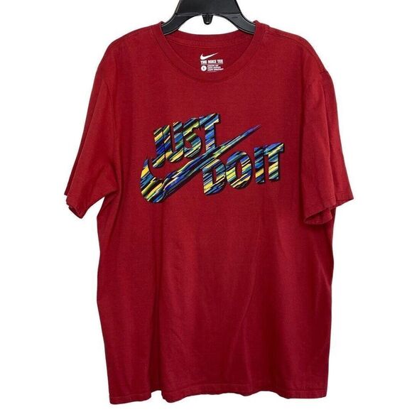 NIKE Shirt Mens Large L Red Short Sleeve Just Do It Abstract Graphic Tee JDI - Picture 1 of 5